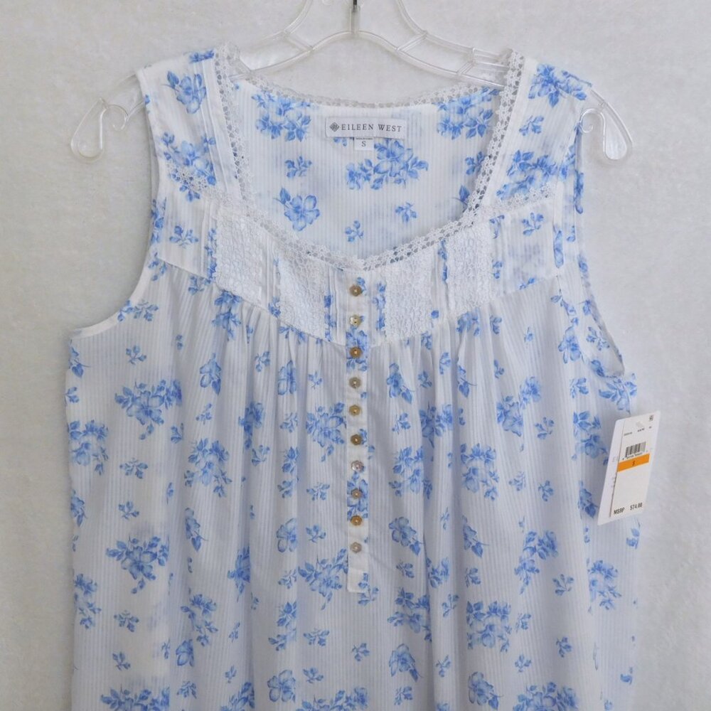 NWT Eileen West Long Nightgown S Sleeveless Gown White Blue Floral Lace